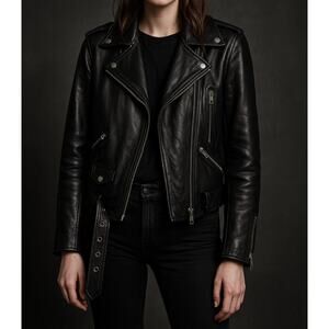 Lucky Brand Lamb Leather Moto Jacket Black Talon Zip Size Small